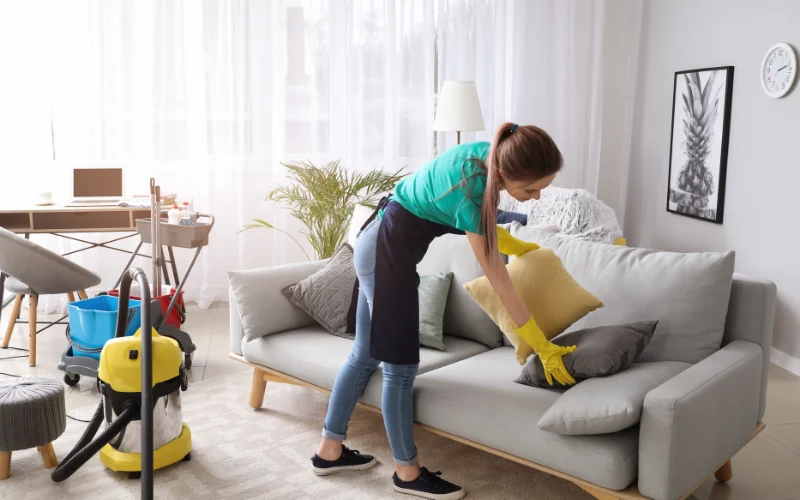 A women is arranging the sofa pillows to clean