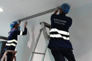 two person standing on the ladder and fixing the Ac grill unit